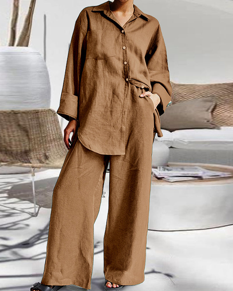 Casual Retro Two-Piece Sets Long Sleeve Loose Shirt and Elastic Waist Wide Leg Pants