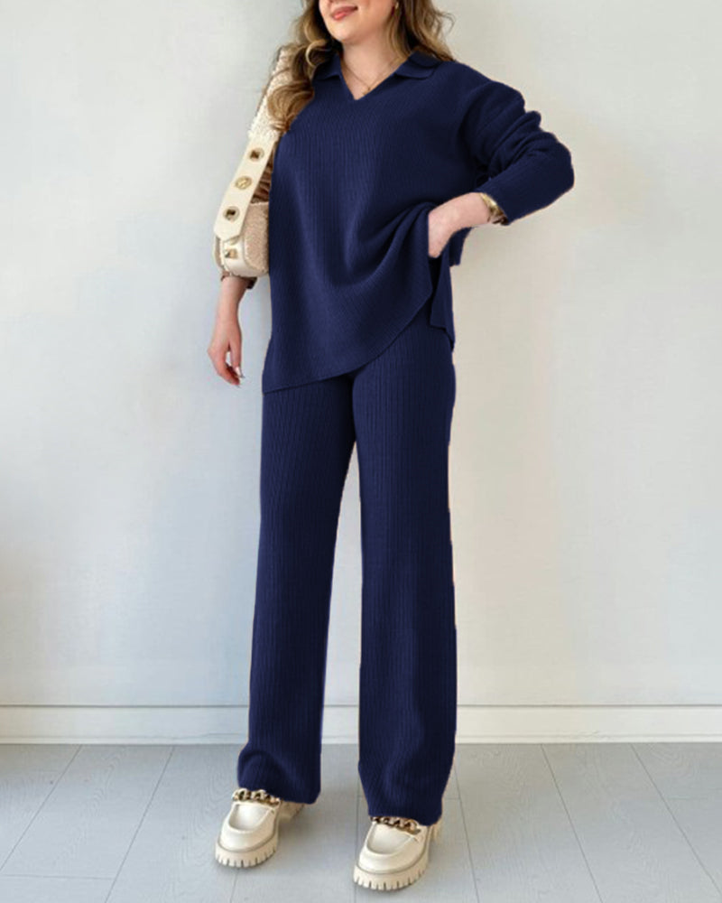 Solid Color Loose Hem Slit Two-piece Sweater Set