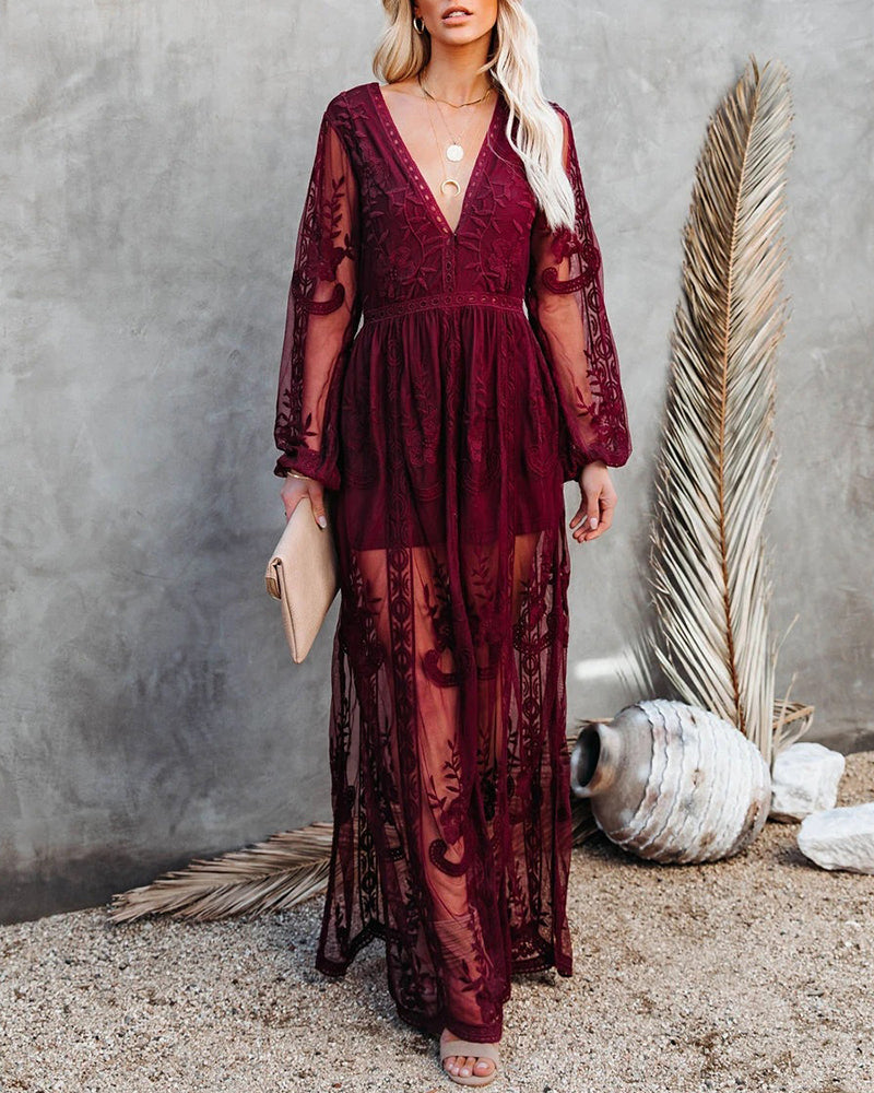 Floral Embroidery Lace Long Dress Deep V Neck Long Sleeve See Through Slit Elegant Holiday Dress