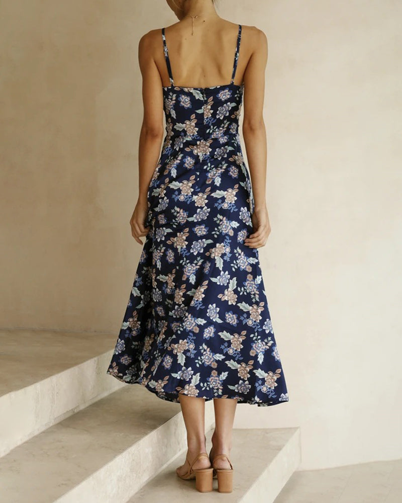 Spaghetti Strap Midi Dresses Sexy Deep V Neck Backless Floral Print Side Slit Maxi Dress