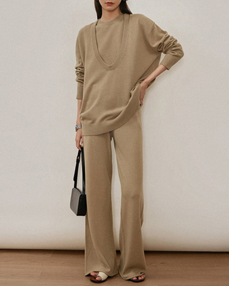 Casual Knit Long Sleeve Shirt Knit Vest Pants Three Piece Set