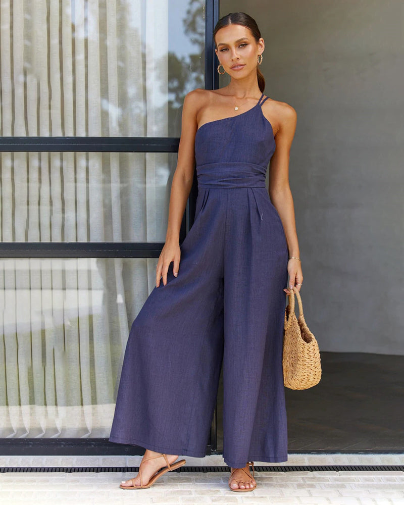 Straps Jumpsuits Romper One Shoulder Pleated High Waist Wide Leg Pansuits Casual Lounge Wear