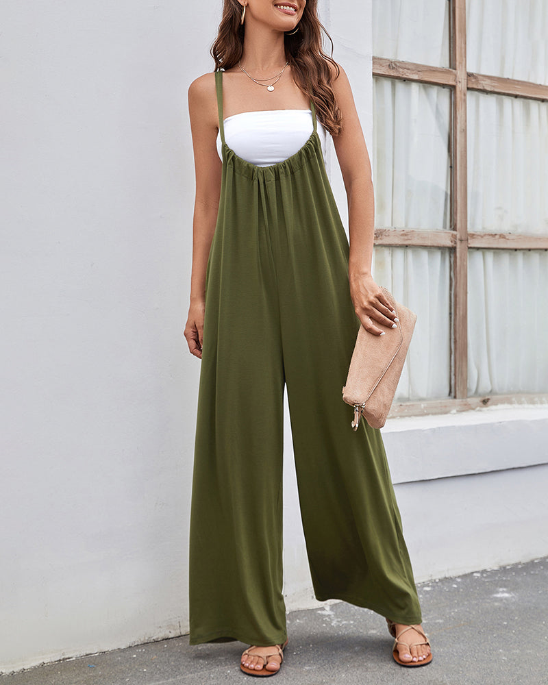 Flowy Wide Leg Jumpsuit Spaghetti Strap High Rise Bodysuit Solid Loose Romper