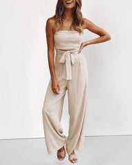 Solid Off Shoulder Bandeau Tube Tops Wide Leg Jumpsuit One Piece Cutout Tie Knot Romper Outfit