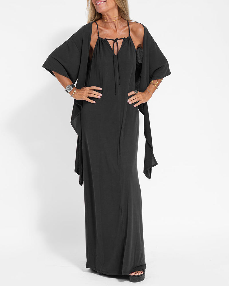 Two-piece Halterneck Tie Sleeveless Long Dress and Irregular Cardigan Set