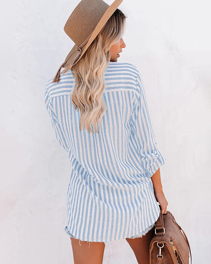 Long Sleeve Shirts V Neck Printed Pocket Shirt