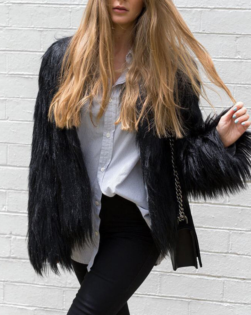 Faux Fur Coat Long Sleeve V-Neck Plush Warm Jacket Coat