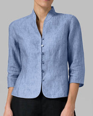 Stand Collar Button Slim Fit Three Quarter Sleeve Shirt Top
