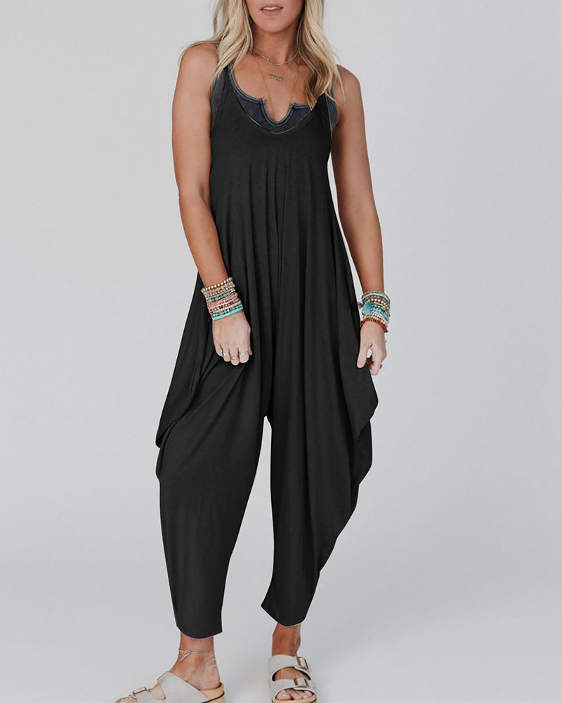 Casual Loose Summer Rompers Sleeveless Loose Spaghetti Strap Baggy Overalls Harem Jumpsuits