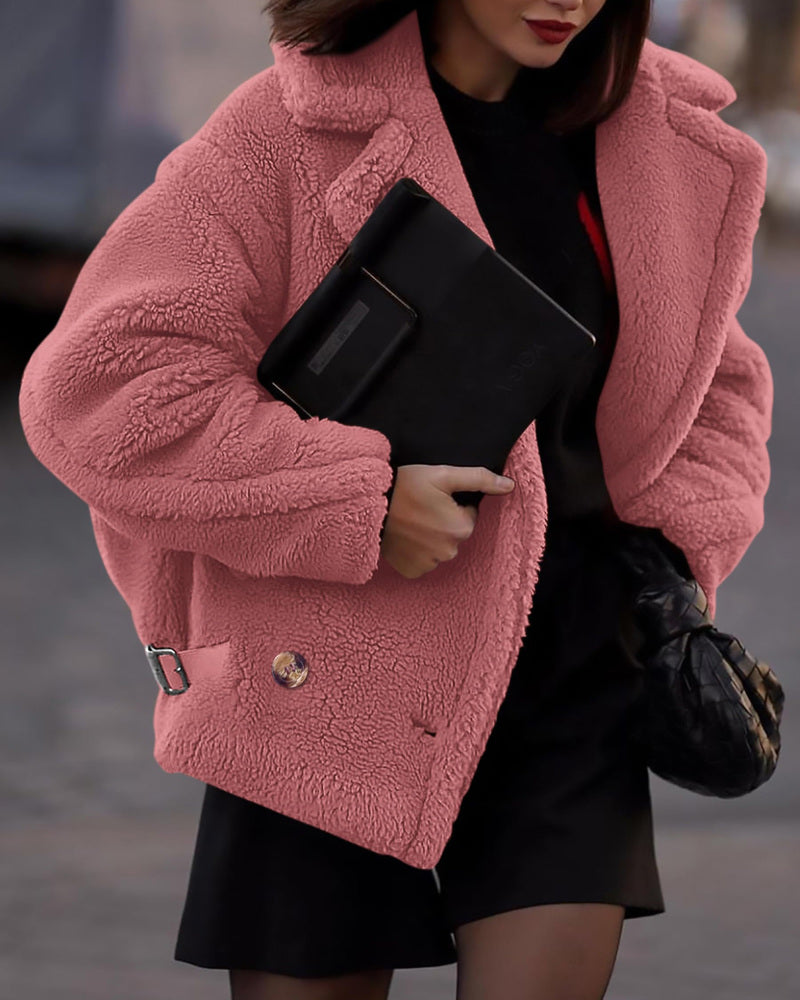Lapel Fleece Jacket Long Sleeve Pockets Faux Fur Dressy Fall Outfits