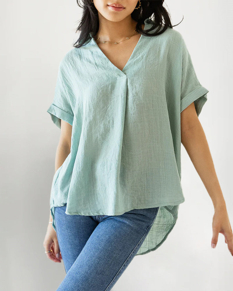 Short Sleeve V-Neck Shirt Button Down Back Irregular Hem T-Shirt Tops