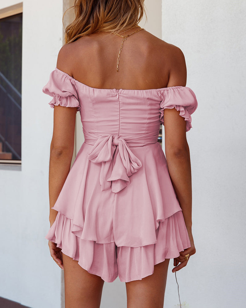 Off Shoulder Mini Rompers Solid Ruffle Hem Shorts Jumpsuit Dress