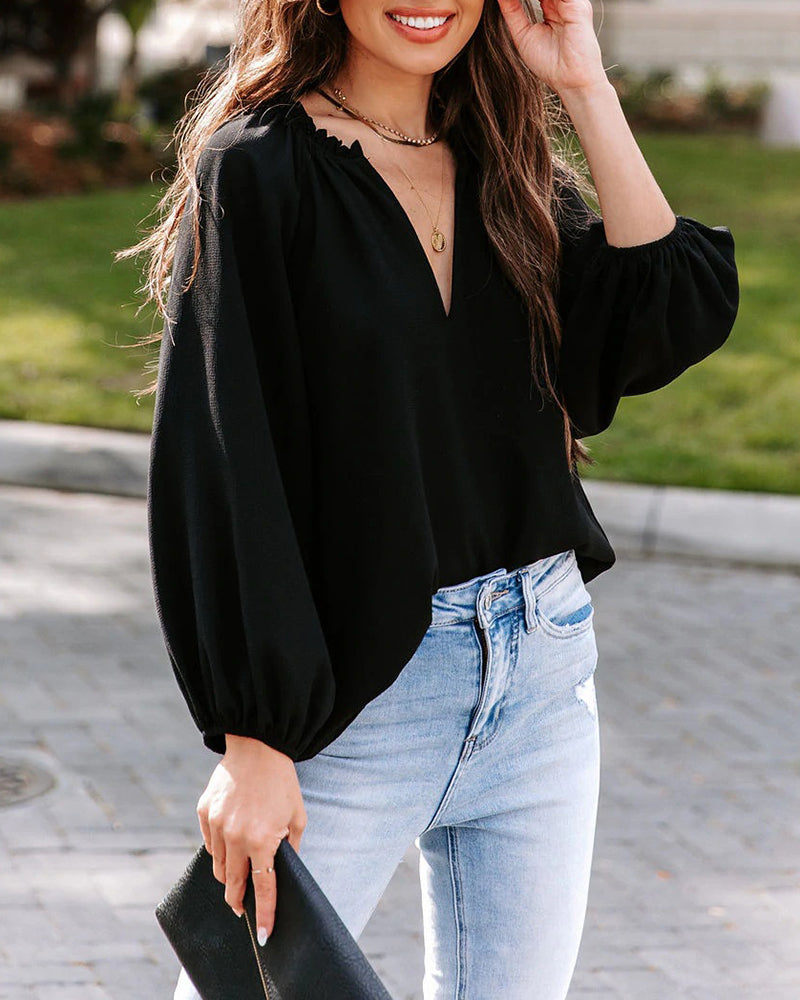 V Neck Chiffon Plain Long Sleeve Loose Casual Work Office Blouses