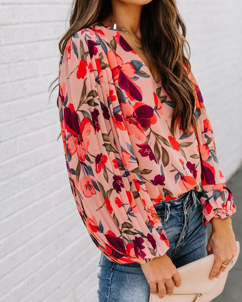 Casual Floral Shirts Top Tunics Loose Print V Neck Long Sleeve Blouses