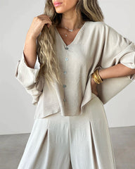 Cotton Linen Two-piece Set V Neck Bat Sleeve Tops & Wide Leg Pants