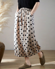 Casual Polka Dot Wide-Leg Cotton-Linen Palazzo Pants