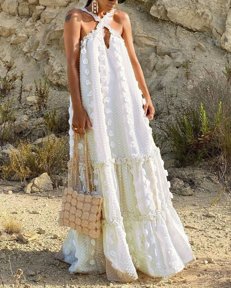 Flowy Cut Out Halter Neck Long Dress 3D Flower Chiffon Ruffle Frill Trim Puffy Swing Dress