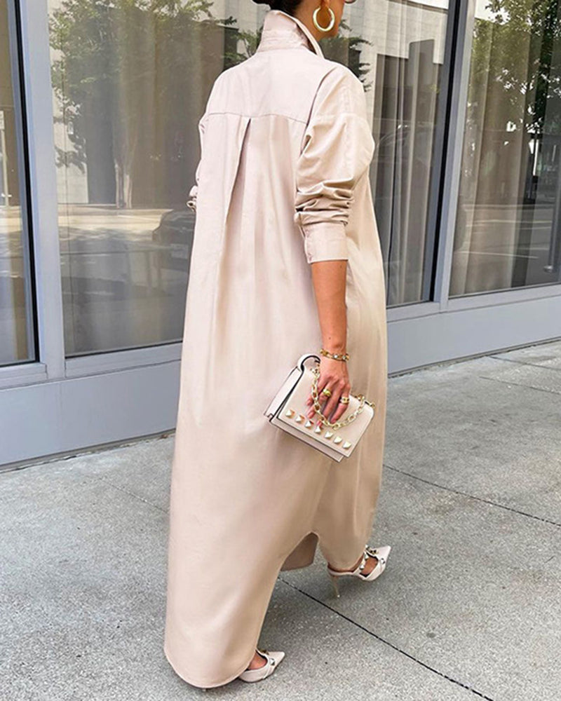 Button Down Maxi Shirts Dress Long Sleeve Collared V Neck Kaftan Loose Long Dress Coat