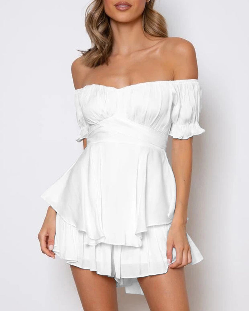 Off Shoulder Mini Rompers Solid Ruffle Hem Shorts Jumpsuit Dress