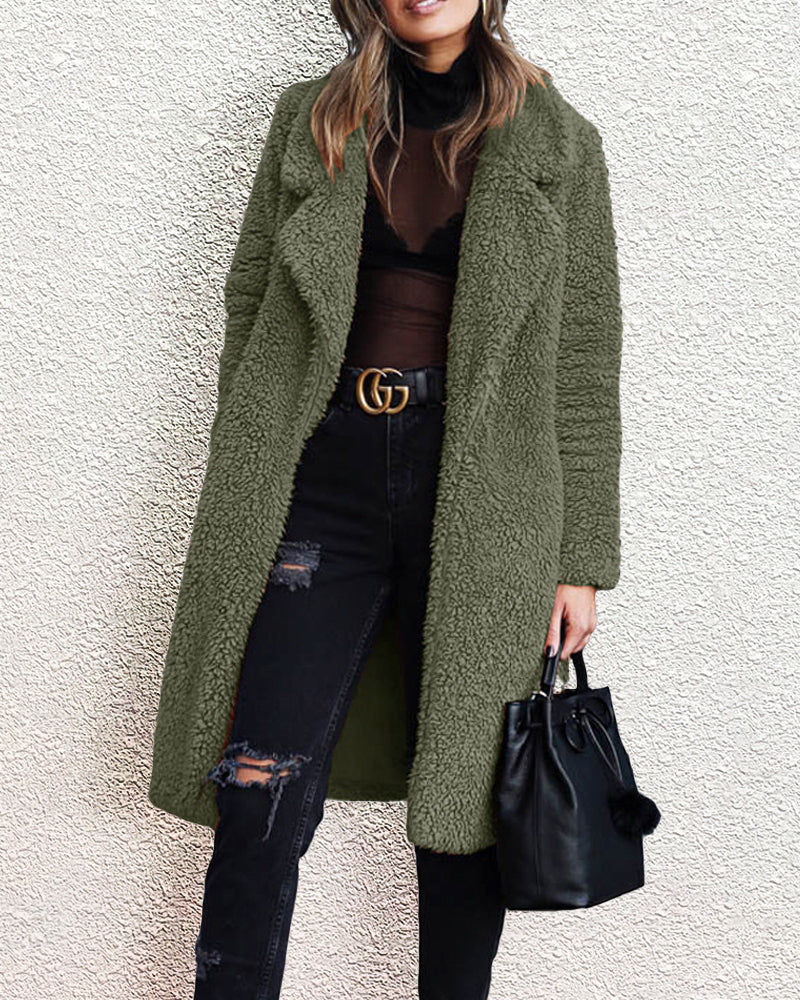 Fuzzy Fleece Lapel Open Front Long Cardigan Coat