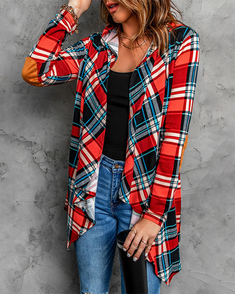 Elbow Patch Hooded Plaid Cardigan