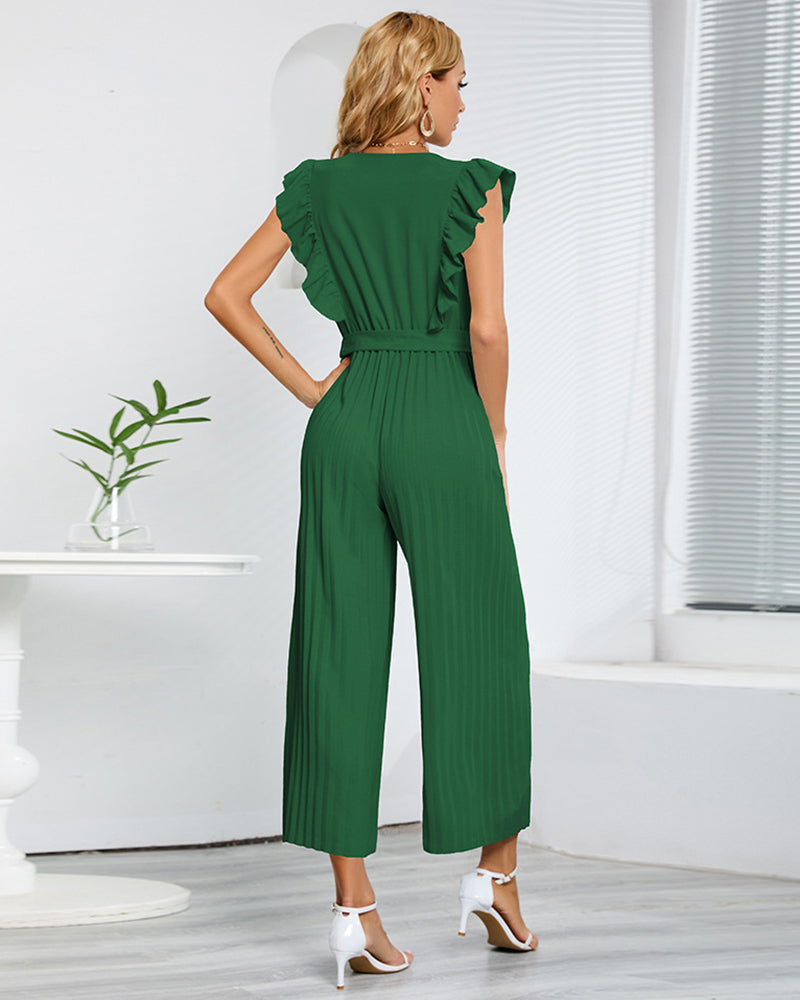 Casual Loose Jumpsuit V Neck Sleeveless Solid Ruffle Pleated Wide-leg Long Playsuit with Belt