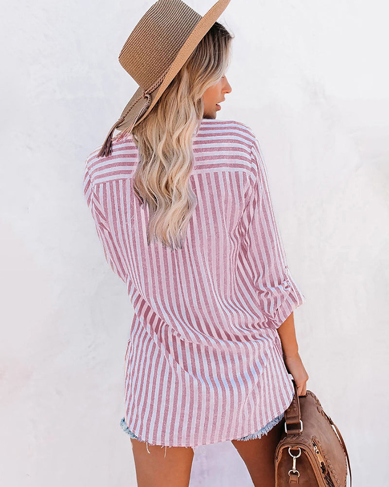 Long Sleeve Shirts V Neck Printed Pocket Shirt