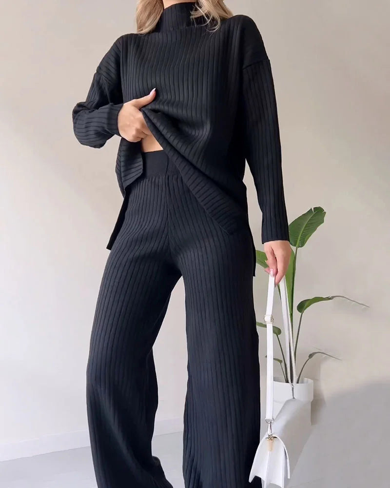 Solid Color Two Piece Set Casual Turtleneck Sweater Top & Wide Leg Pants