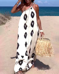 Casual Print Loose Fit Sleeveless Halter Neck Maxi Dress