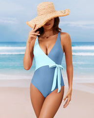 Color Block Wrap One Piece Swimsuits Bowknot Tie Side Bathing Suit