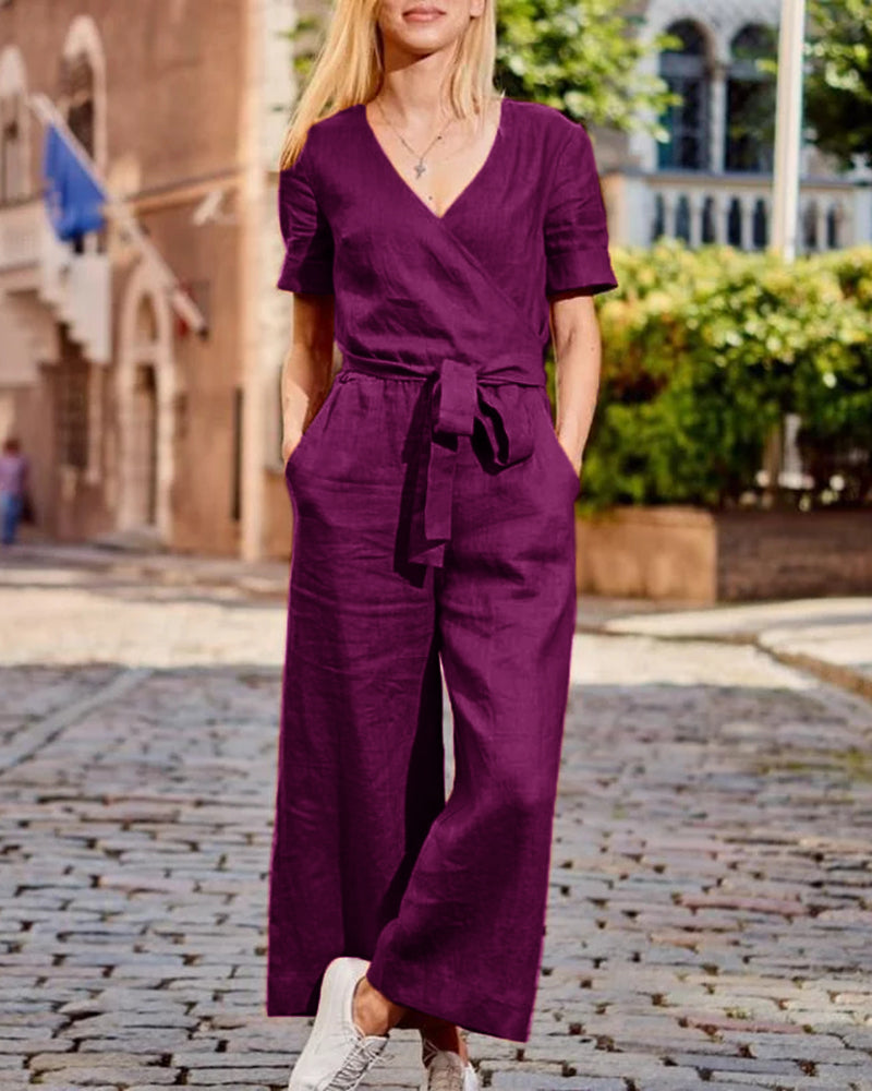 Short Sleeve Solid Color V Neck Soft Romper Jumpsuit with Belt