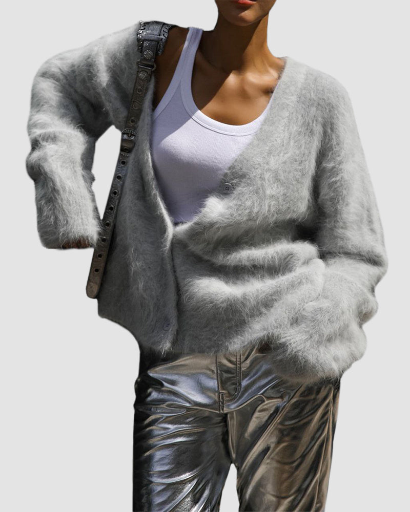 Fuzzy V Neck Loose Cardigan Sweater