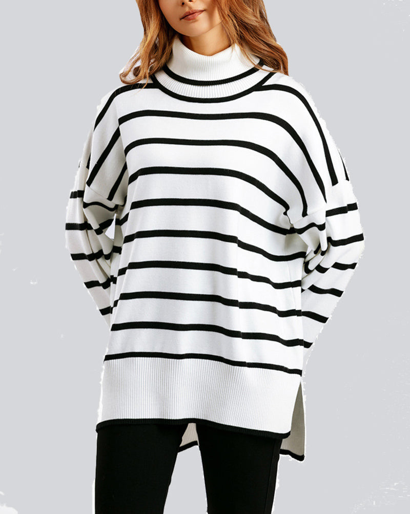 Striped Sweater Casual Turtleneck Knit Pullover Jumper Tops