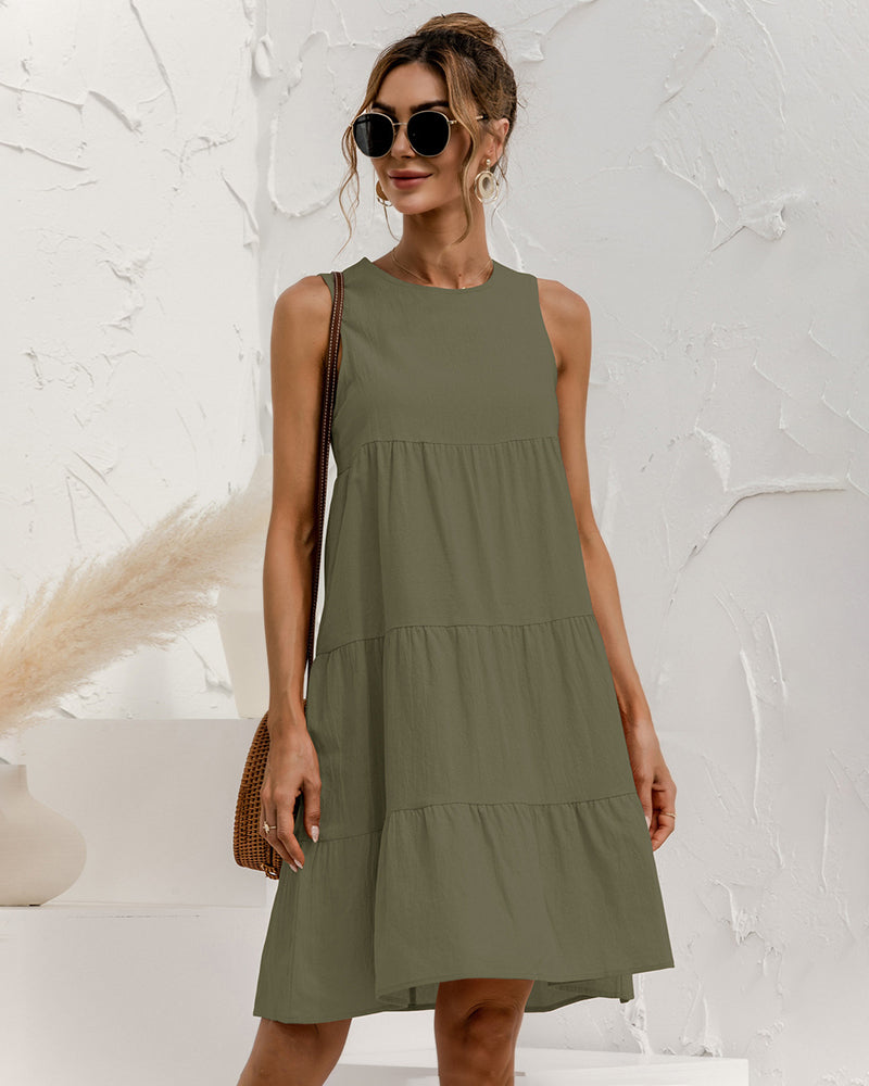 Solid Sleeveless Ruffle Sundress Round Neck A Line Pleated Mini Short T Shirt Dress