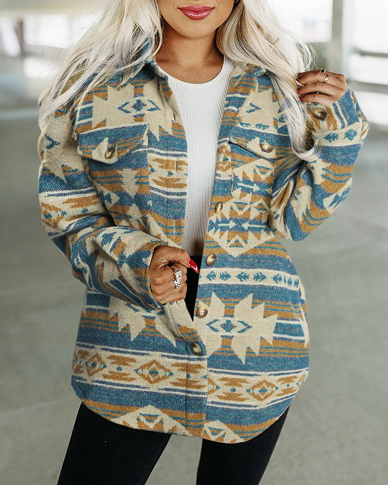 Multicolor Western Aztec Print Button Flap Pocket Shacket