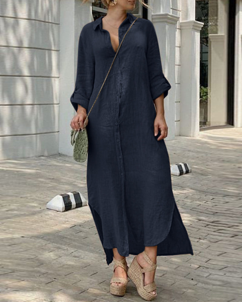 Casual Long Sleeve Button Front Maxi Shirt Dresses