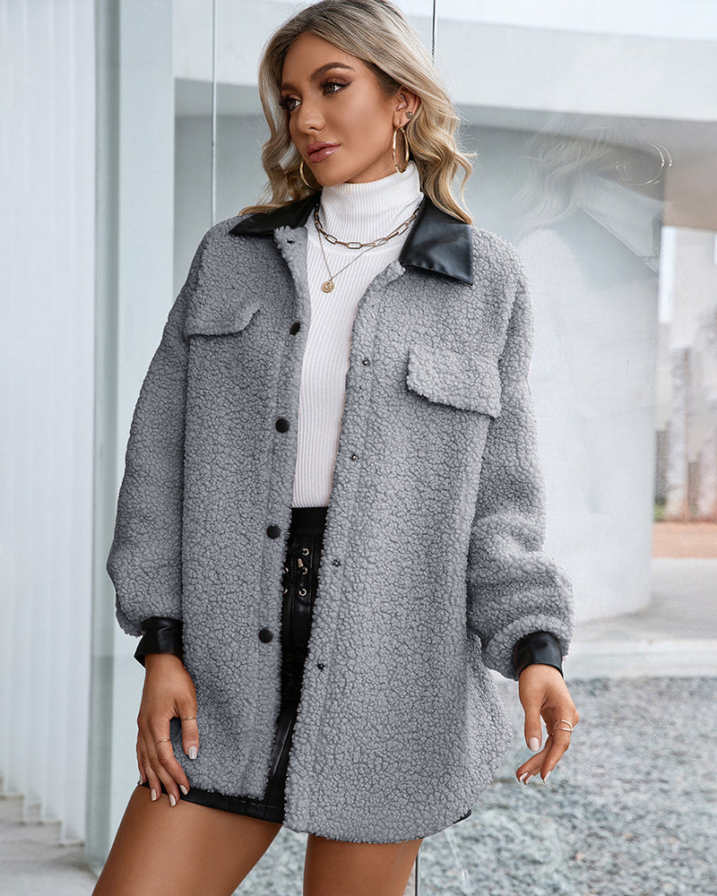 Lapel Collar Plush PU Single-breasted Trench Coat