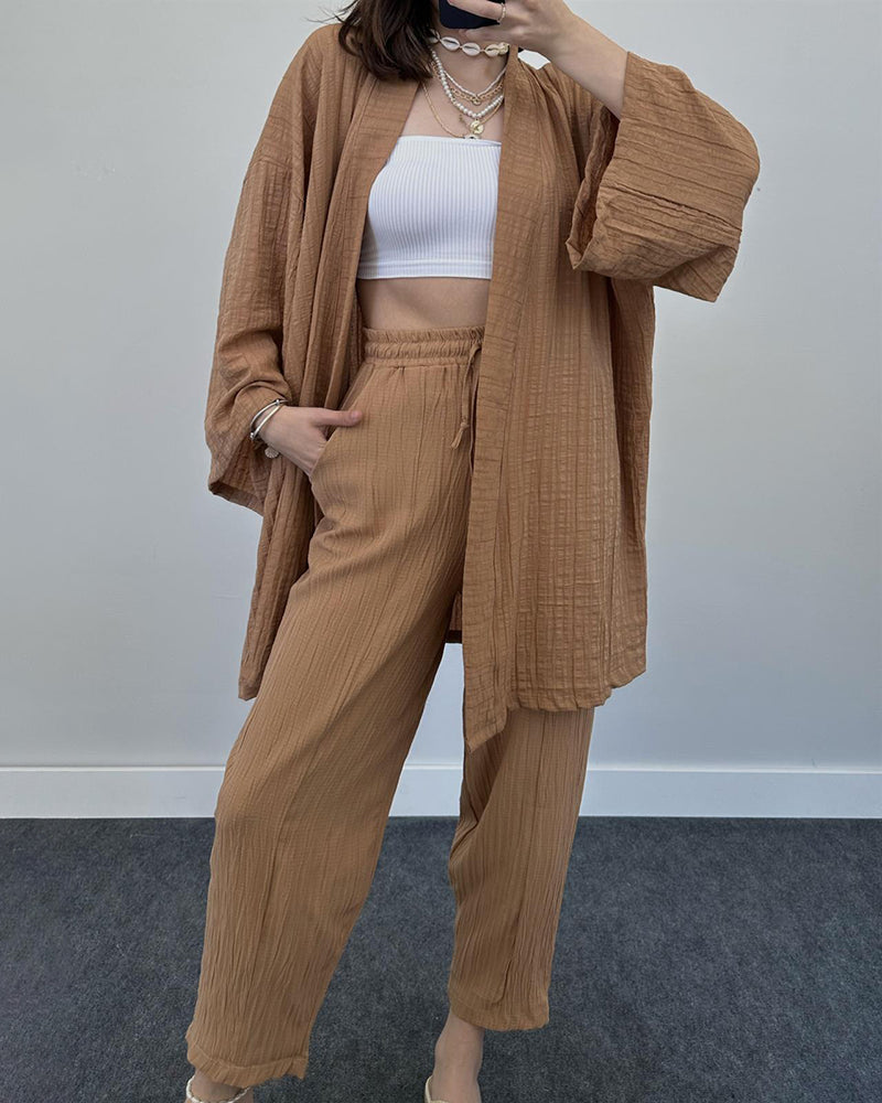 Casual Loungewear Set Solid Color Loose Long Sleeve Kimono Cardigan and Pants