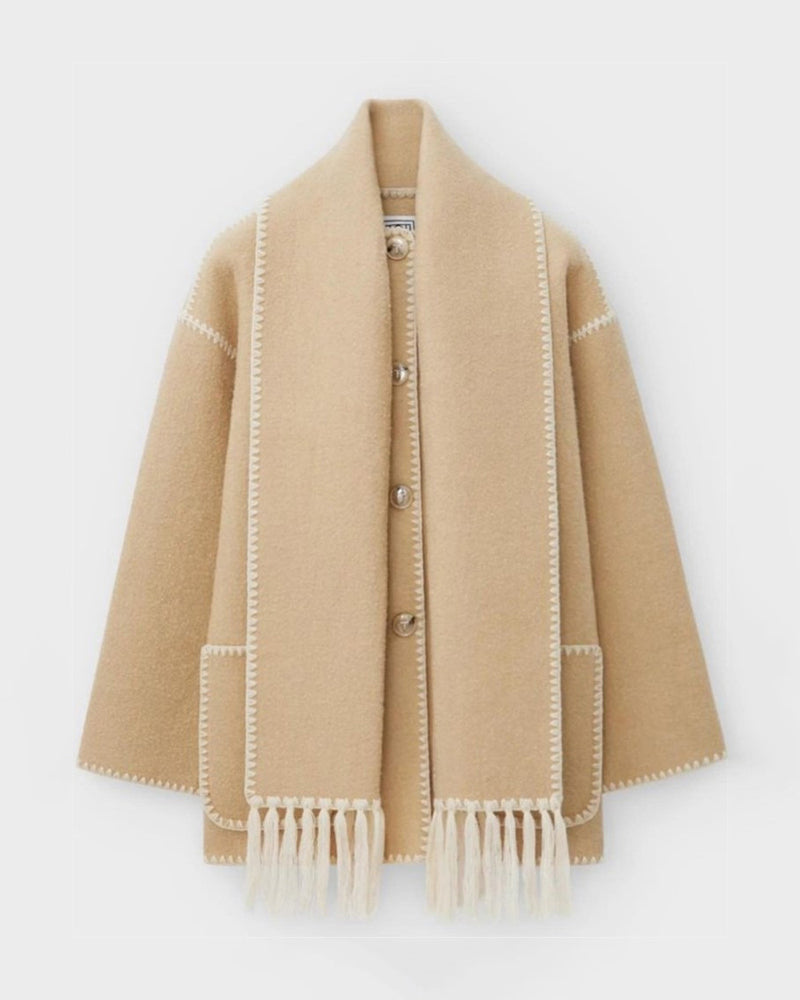 Women's Thickened Loose Woolen Coat with Fringed Scarf