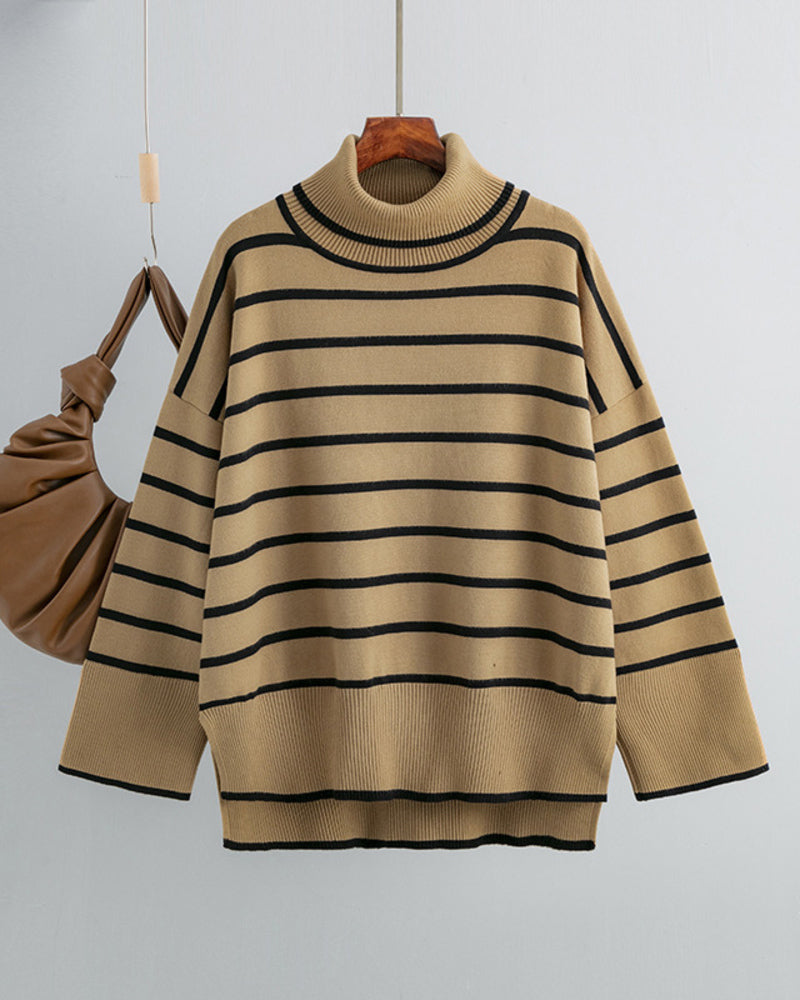 Striped Sweater Casual Turtleneck Knit Pullover Jumper Tops