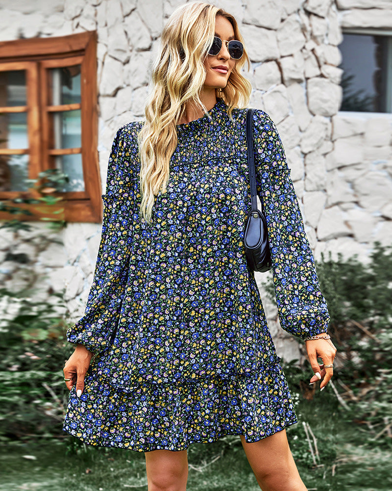 Long Sleeve Dress Boho Floral Ruffle High Neck Mini Dress Casual Loose Pleated Flowy Dresses