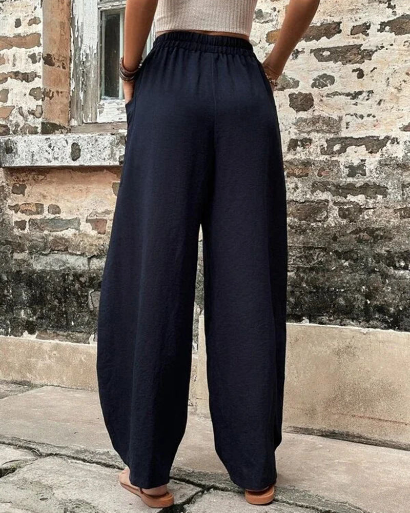 Solid Color Bottoms Elastic Waisted Pant Summer Baggy Trousers Straight Leg Pants