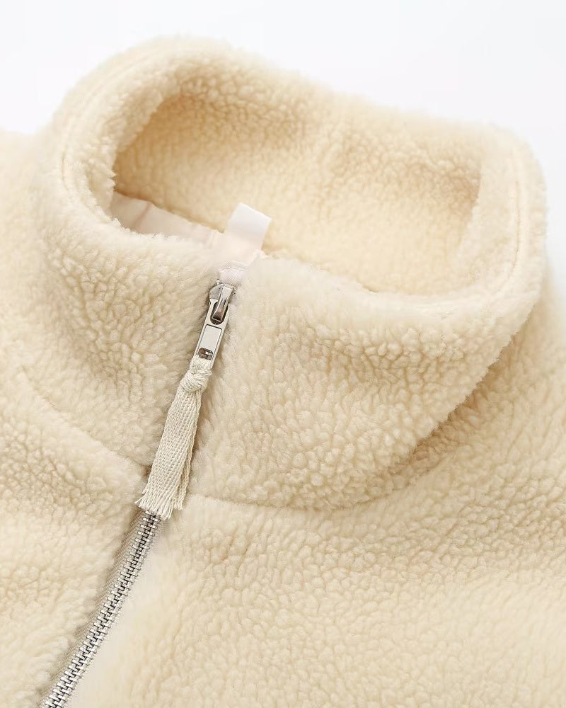 Teddy Fleece Jacket Cozy High Collar Zip-up Coat Fuzzy Winter Outwear with Pockets