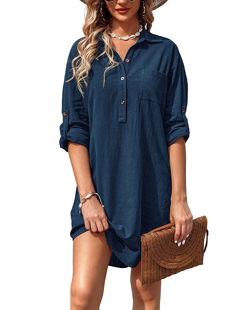 Zeagoo Women's Cotton Shirt Dress Button Down Roll-Up Sleeve Linen Henley Tunic Top Summer Beach Coverup (US Only)