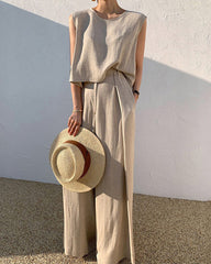 Sleeveless Suits Solid Sets Crew Neck Tank Tops And Wide Leg Long Trousers