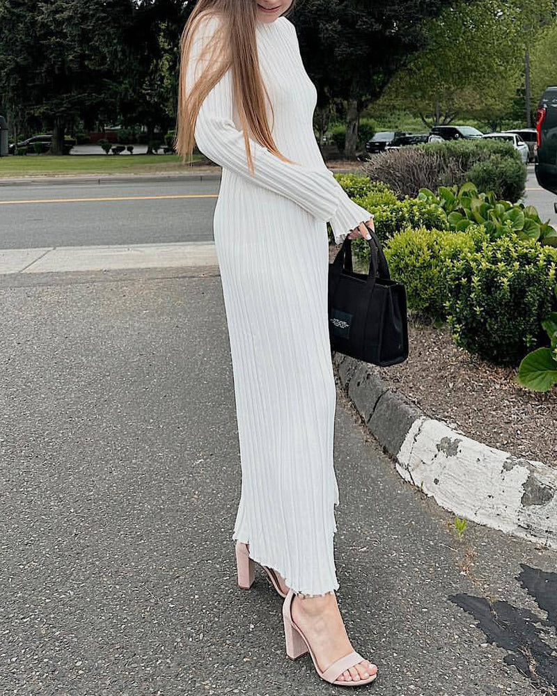 Long Sleeve Dress Crew-Neck Knit Maxi Dress Ribbed Elegant Long High Waist Pleated Dresses