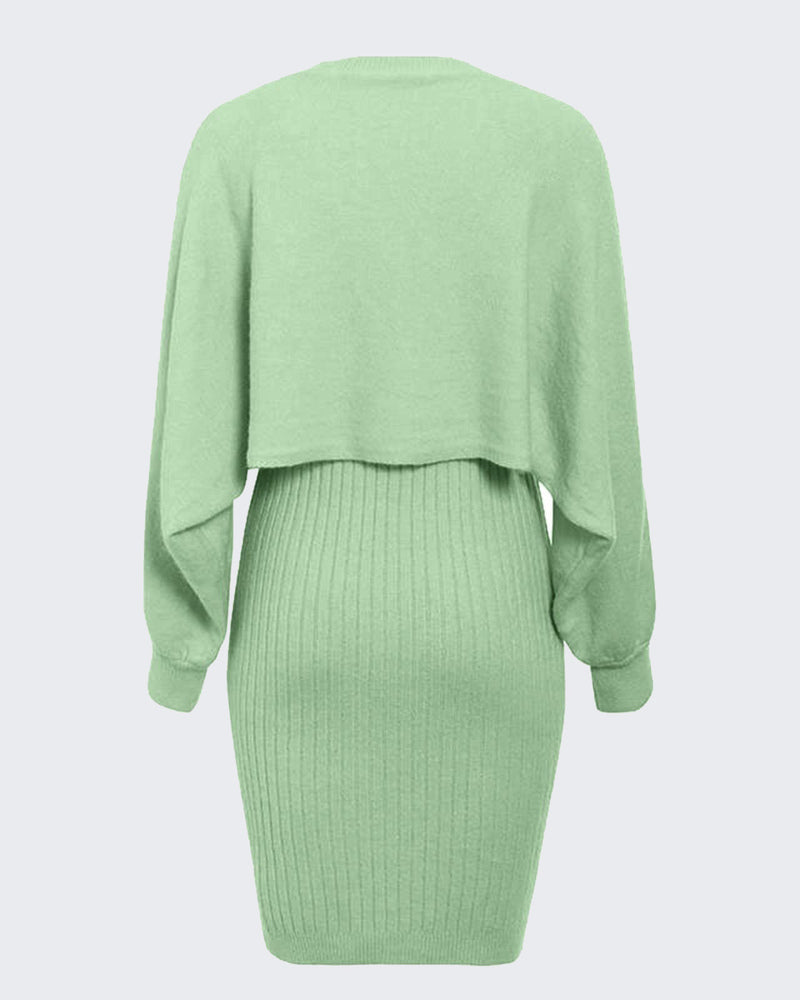 Women's Two Pieces Sets Long Sleeve Lazy Style Fashionable Sweater + Solid Knitted Skirt Dress