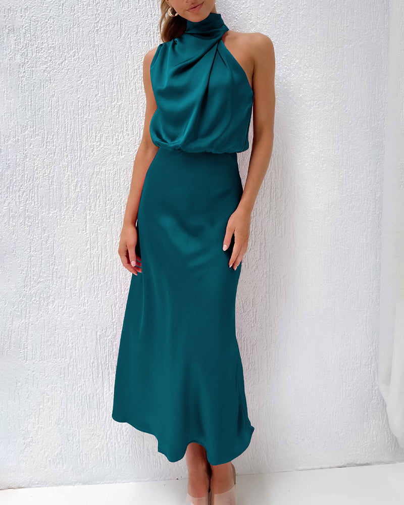 Long Formal Satin Dress Mock Neck High Neck Evening Dress