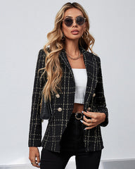 Lapel Single Button Tweed Plaid Blazer Long Sleeve Office Blazer