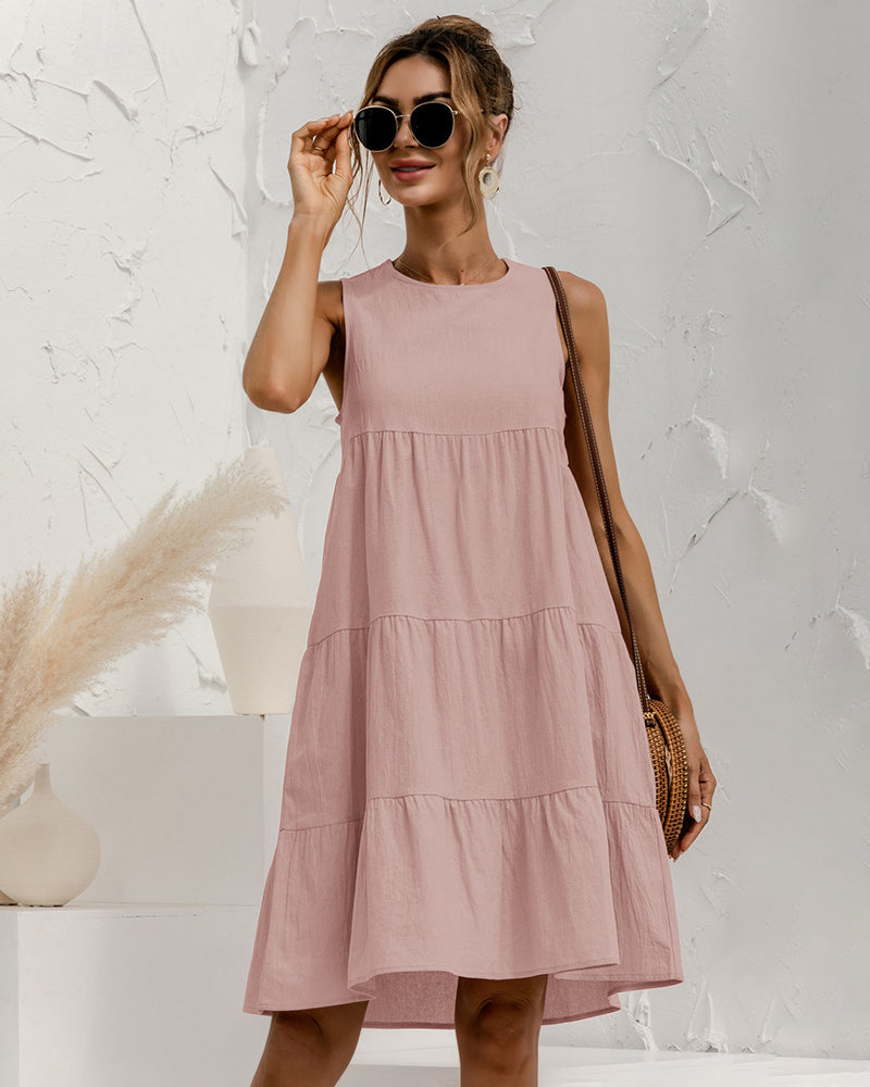 Solid Sleeveless Ruffle Sundress Round Neck A Line Pleated Mini Short T Shirt Dress